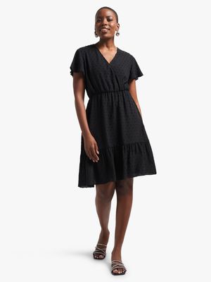 Women's Black Textured Wrap Dress