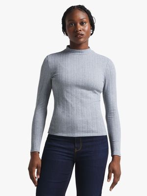 Women's Grey Textured Turtleneck Top