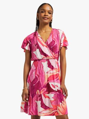 Women's Pink Floral Wrap Dress