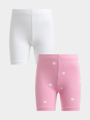 Older Girl's White & Pink Spot 2-Pack Cycling Shorts