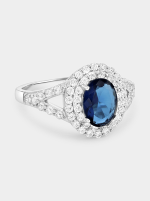 Sterling Silver Blue Cubic Zirconia Oval Double Halo Ring