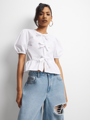 Women's White Poplin Top With Front Ties