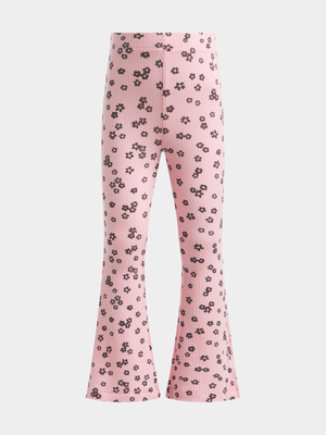 Younger Girl's Pink Daisy Rib Flare Pants