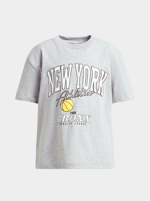 Younger Boy's Grey Melange Graphic Print T-Shirt