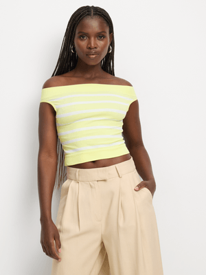 Women's Yellow & White Stripe Seamless Bardot Top