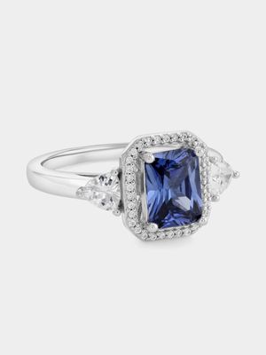 Sterling Silver Tanzanite Blue Cubic Zirconia Emerald Halo Ring