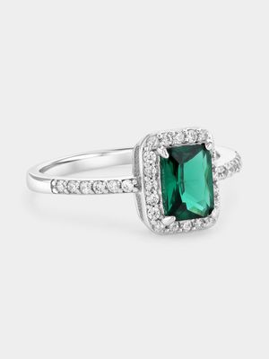 Sterling Silver Green Cubic Zirconia Rectangle Halo Ring