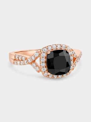 Rose Gold Plated Sterling Silver Black Cubic Zirconia Cushion Halo Ring