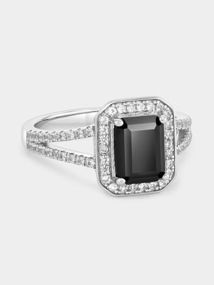 Sterling Silver Black Spinel & White Sapphire Rectangle Halo Ring