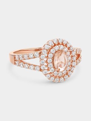 Rose Plated Sterling Silver Morganite Cubic Zirconia Oval Halo Flower Ring