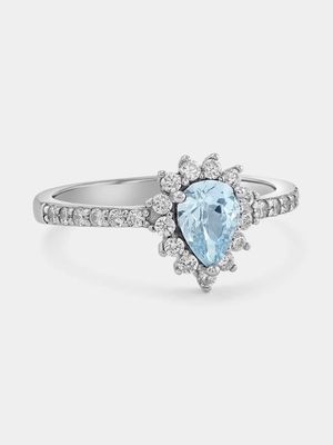 Sterling Silver Aquamarine Cubic Zirconia Pear Halo Ring