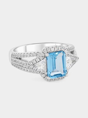 Sterling Silver Aquamarine & White Sapphire Rectangle Freeway Ring