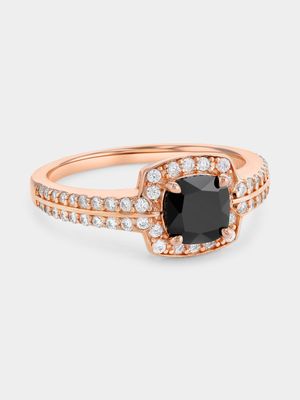 Rose Gold Plated Sterling Silver Sapphire Black Cubic Zirconia Cushion Halo Ring