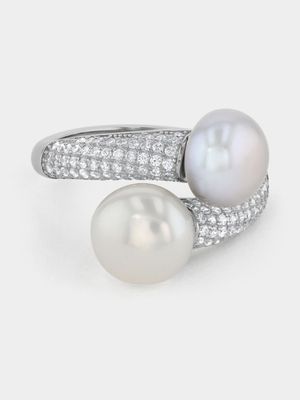 Sterling Silver Grey & White Freshwater Pearl Pavé Wrap Women’s Ring