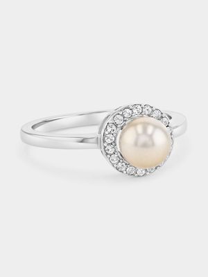 Sterling Silver Pearl & Cubic Zirconia June Birthstone Ring