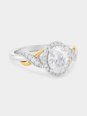 Yellow Gold & Sterling Silver Cubic Zirconia Oval Halo Ring