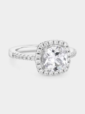 Sterling Silver Cubic Zirconia Cushion Halo Ring