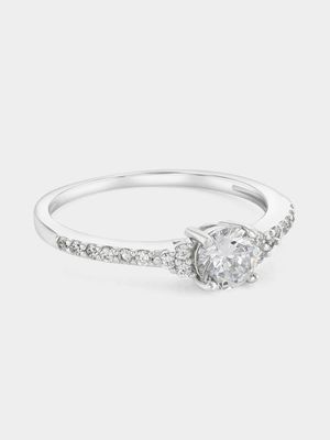 Sterling Silver Cubic Zirconia Solitaire Pavé Promise Ring