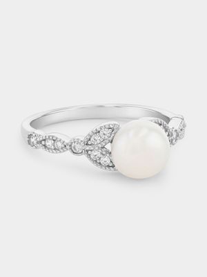 Sterling Silver Freshwater Pearl & Cubic Zirconia Vintage-Style Ring