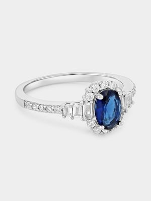 Sterling Silver Sapphire Blue Cubic Zirconia Oval Halo Ring