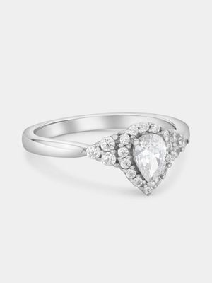 Sterling Silver Cubic Zirconia Pear Halo Trio Ring