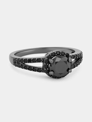 Black Plated Sterling Silver Black Cubic Zirconia Halo Ring