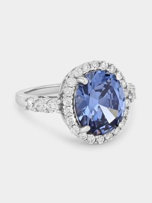 Sterling Silver Tanzanite Blue Cubic Zirconia Oval Halo Ring