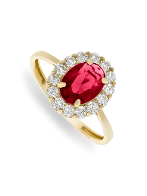 Yellow Gold with Red Cubic Zirconia Oval Cluster Ring