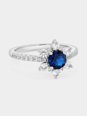 Sterling Silver Blue Spinel & White Sapphire Flower Halo Ring