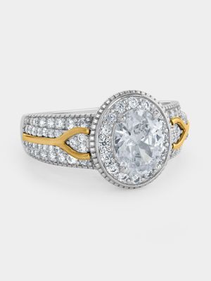 Yellow Gold & Sterling Silver, Cubic Zirconia Oval Halo Split Ring