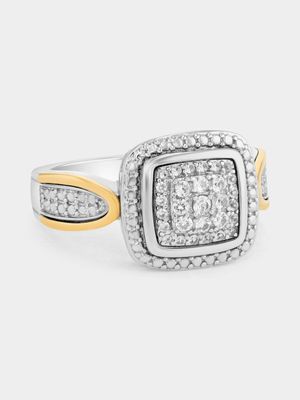 Yellow Gold & Sterling Silver White Sapphire Cushion Halo Ring