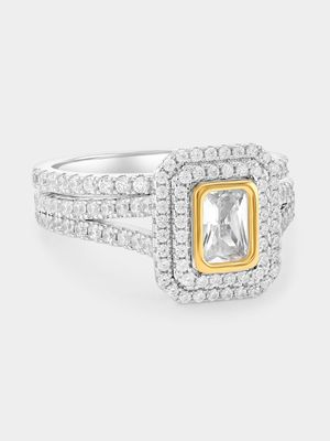 Yellow Gold & Sterling Silver Cubic Zirconia Rectangle Halo Twinset Ring