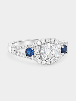 Sterling Silver Sapphire Blue Cubic Zirconia Cushion Halo Ring