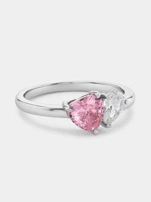 Sterling Silver Pink Cubic Zirconia Heart & Pear Ring