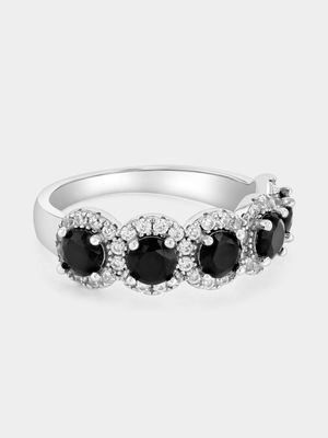 Sterling Silver Black Cubic Zirconia Oval Halo Half Anniversary Ring