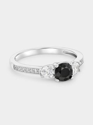 Sterling Silver Black Spinel Trilogy Ring