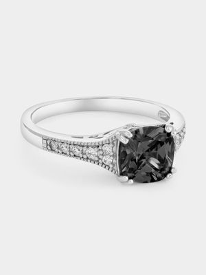 Sterling Silver Black Cushion Cubic Zirconia Pave Ring