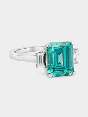 Sterling Silver Aquamarine Cubic Zirconia Trio Ring