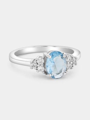 Sterling Silver Aquamarine Cubic Zirconia Oval Trio Ring