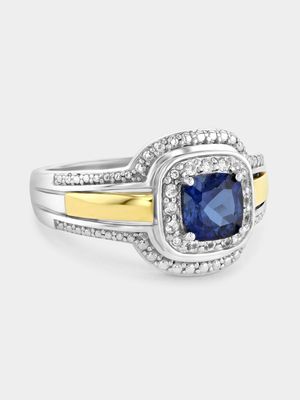 Yellow Gold & Sterling Silver Diamond & Created Blue Sapphire Cushion Halo Ring