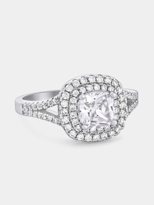 Sterling Silver Cubic Zirconia Round Halo Ring