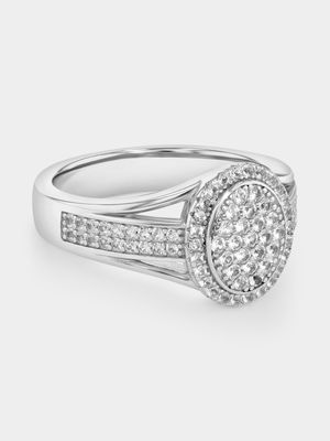 Sterling Silver Diamond Oval Halo Bridge Ring