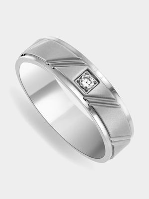 Stainless Steel Matt Diagonal Design Cubic Zirconia Men's Ring