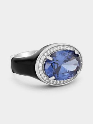 Sterling Silver Black Enamel Tanzanite Blue Cubic Zirconia Oval Halo Ring