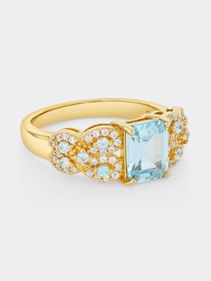 Gold Plated Sterling Silver Aquamarine Cubic Zirconia Emerald-Cut Ring