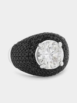 Sterling Silver Black & White Cubic Zirconia Round Dome Ring