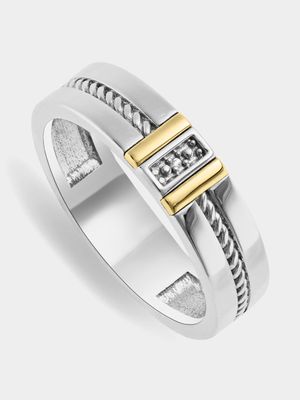 Yellow Gold & Sterling Silver Diamond Rope Detail Men's Wedding Band