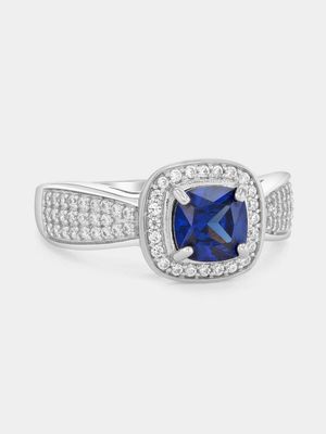 Sterling Silver Sapphire Blue Cubic Zirconia Cushion Halo Ring