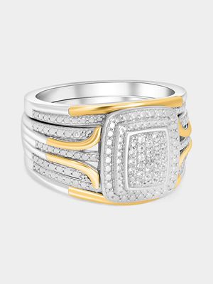 Yellow Gold & Sterling Silver Cluster Rec Diamond Tripset Ring