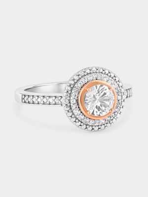 Rose Gold & Sterling Silver Diamond Round Halo Ring